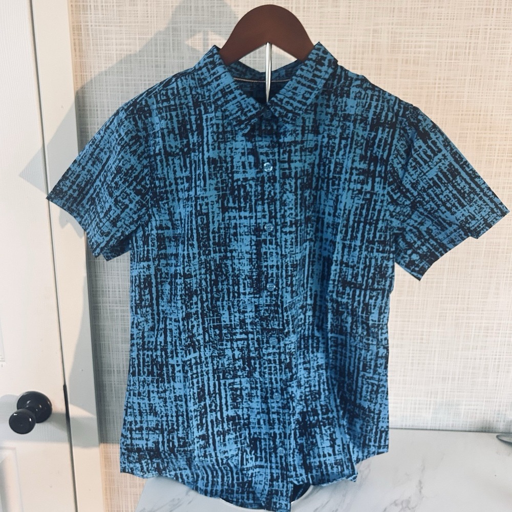 Wildfang Shirt Womens XS Blue Black Weave Abstract‎ SS Essential Button Up CCC
